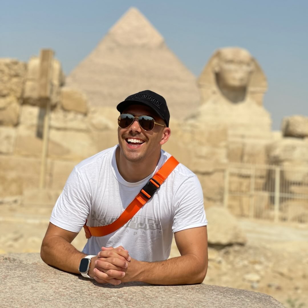 Rhys at the Pyramids, smiling