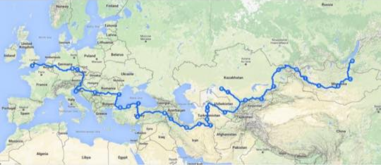 Map showing the 13,000 mile journey route to Mongolia
